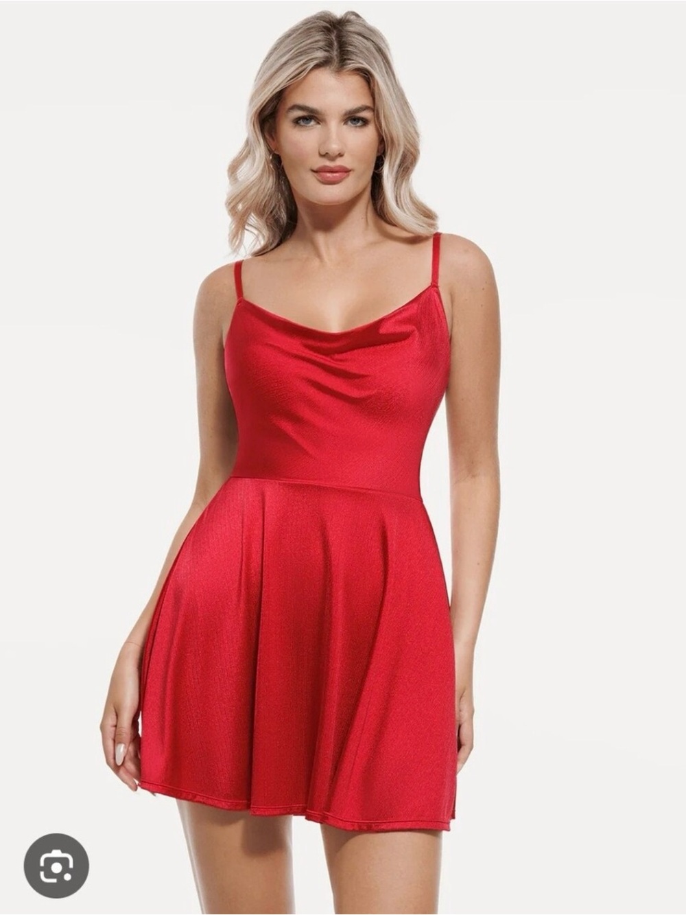 Satin Red Cowl Neck Mini Dress with Spaghetti Straps